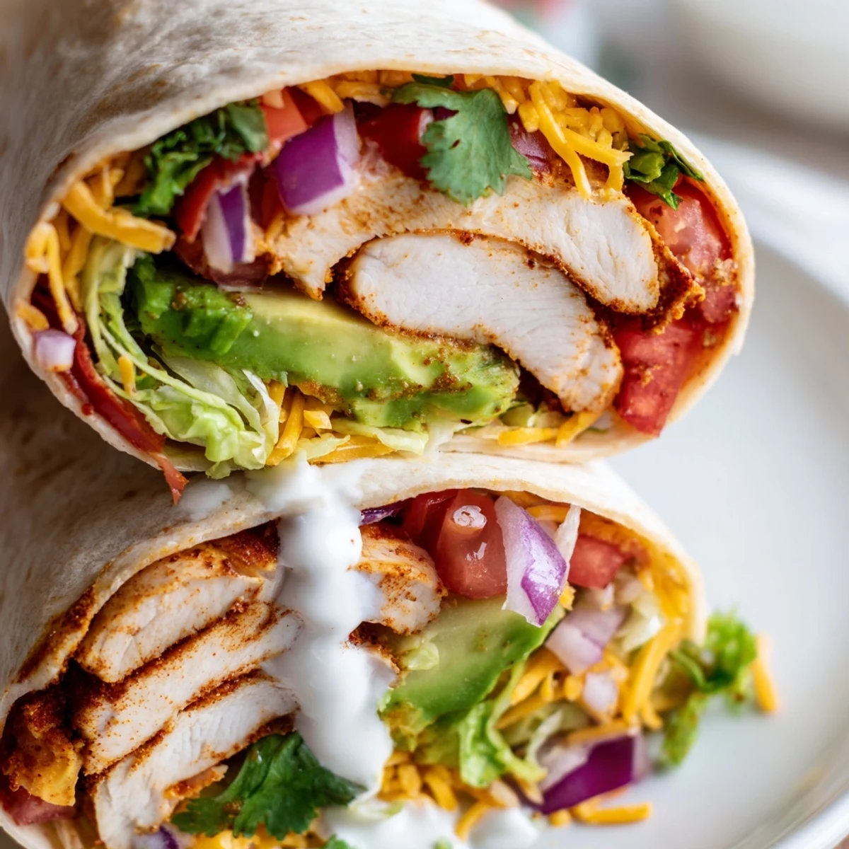 Golden sliced spicy chicken wraps filled with fresh avocado crisp lettuce and zesty sauce