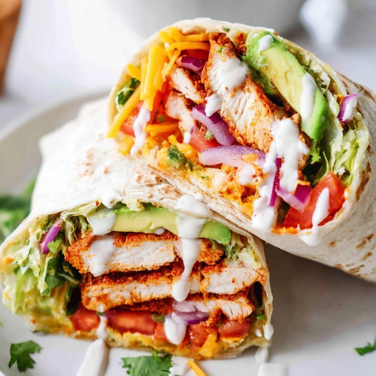 Homemade spicy chicken avocado wraps featuring juicy spiced meat creamy avocado and tangy sriracha sauce