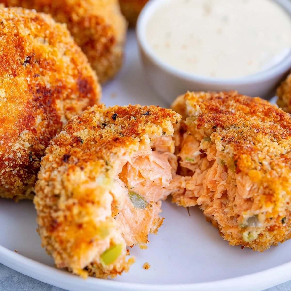 Pan-fried Southern salmon croquettes served on a white plate with zesty remoulade