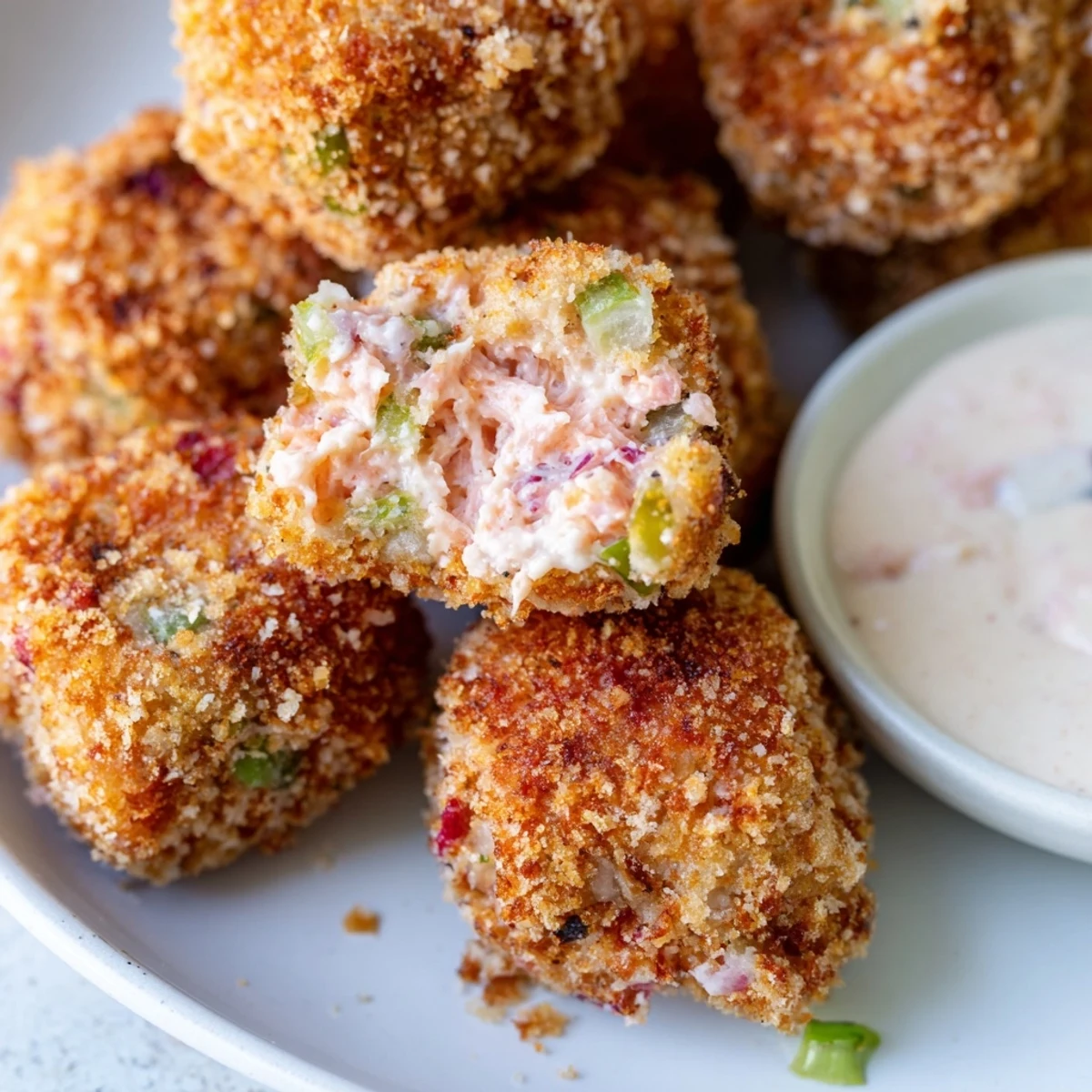 Crispy Southern salmon croquettes arranged on a wooden board with fresh parsley garnish