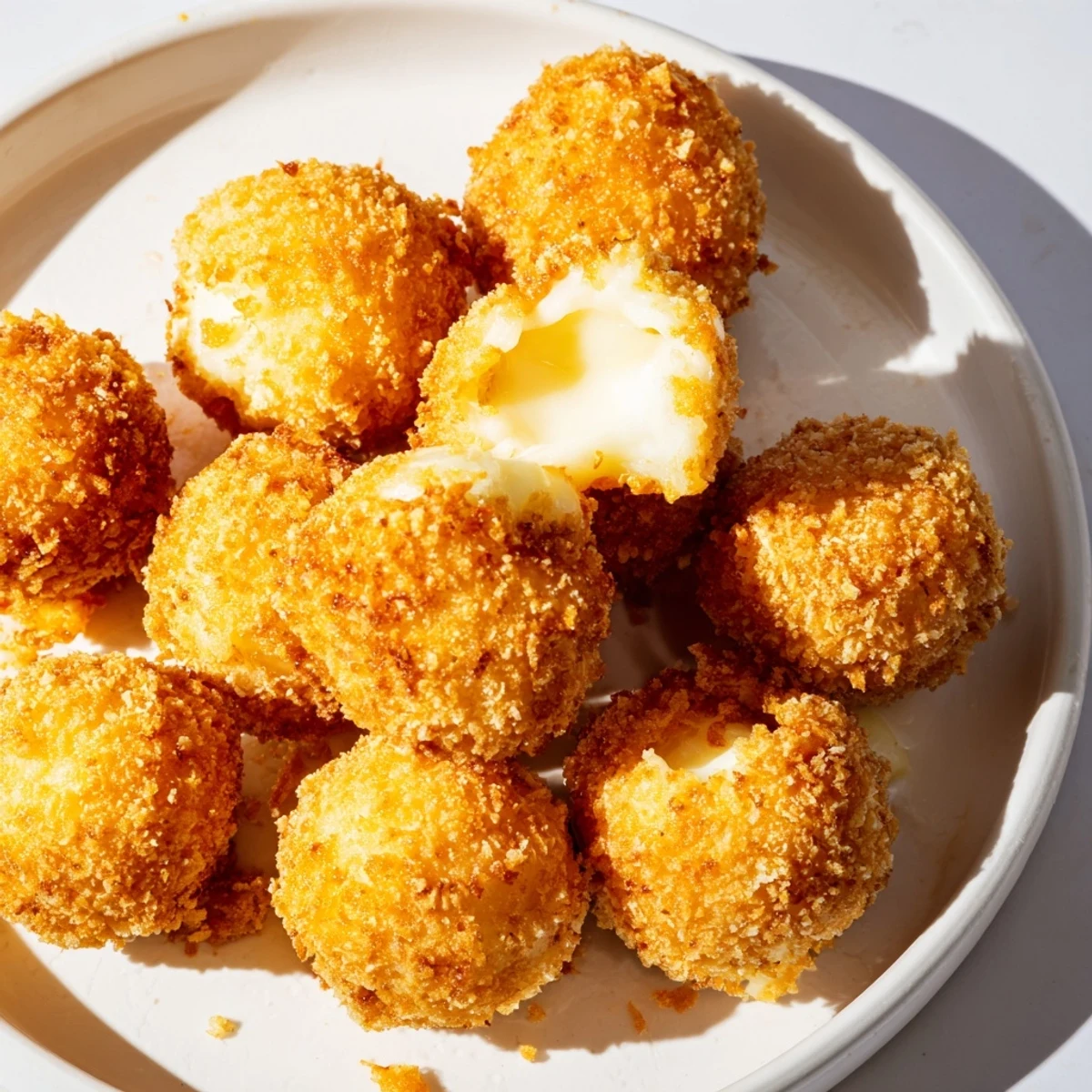 Golden brown mozzarella cheese balls with crispy panko coating and melty cheese center on serving plate