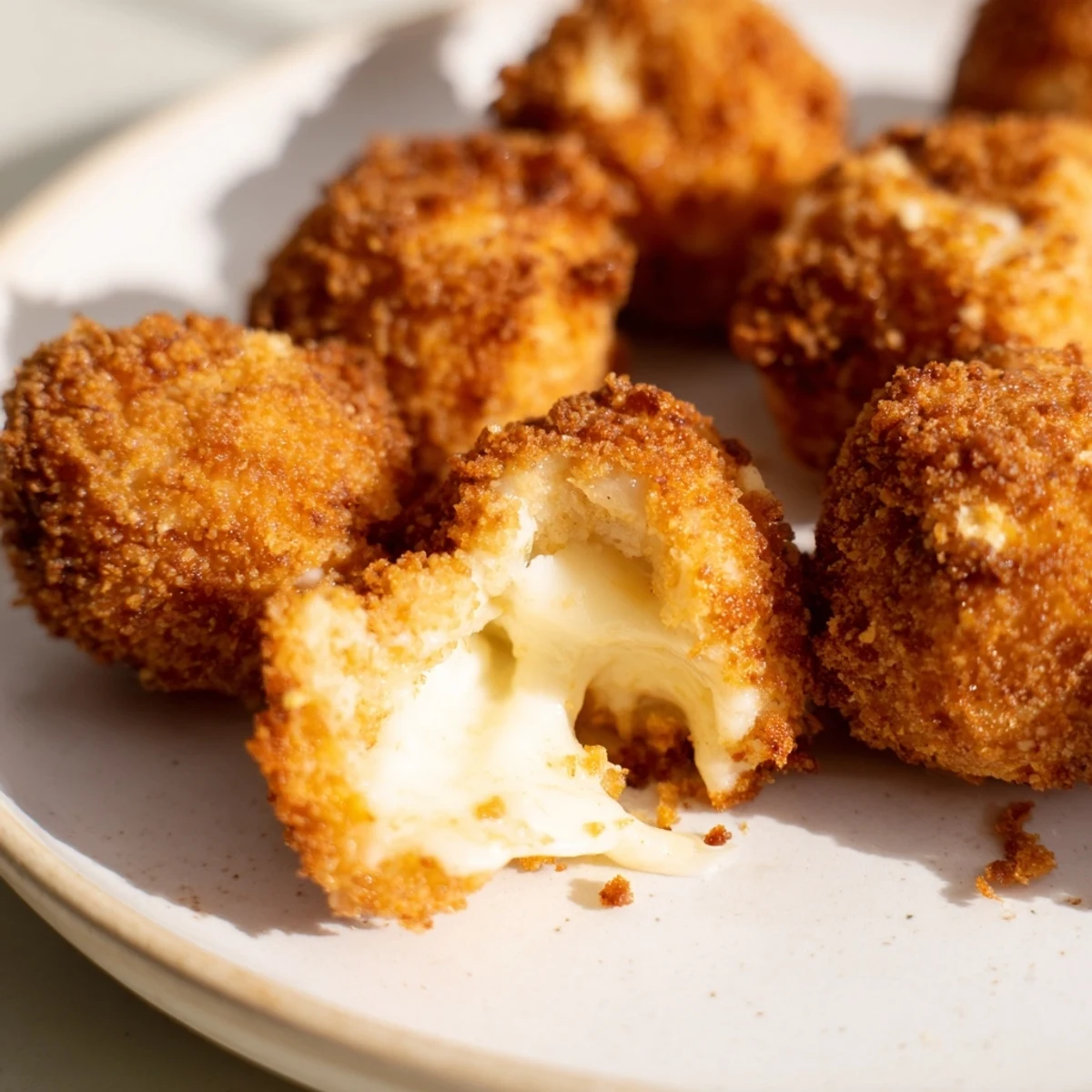 Crispy mozzarella cheese balls drizzled with herbs, hot from fryer with gooey cheese visible inside