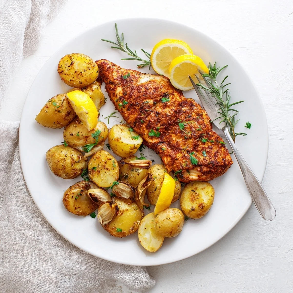Juicy seasoned grilled chicken resting on a plate with perfectly crisped roasted potato halves
