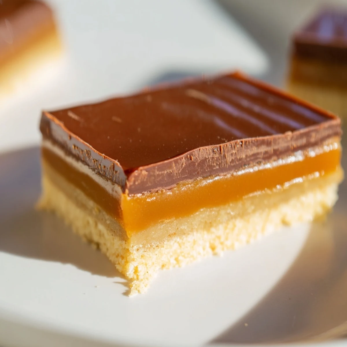 Homemade Twix candy bars stacked on a wooden cutting board showcasing three delicious dessert layers