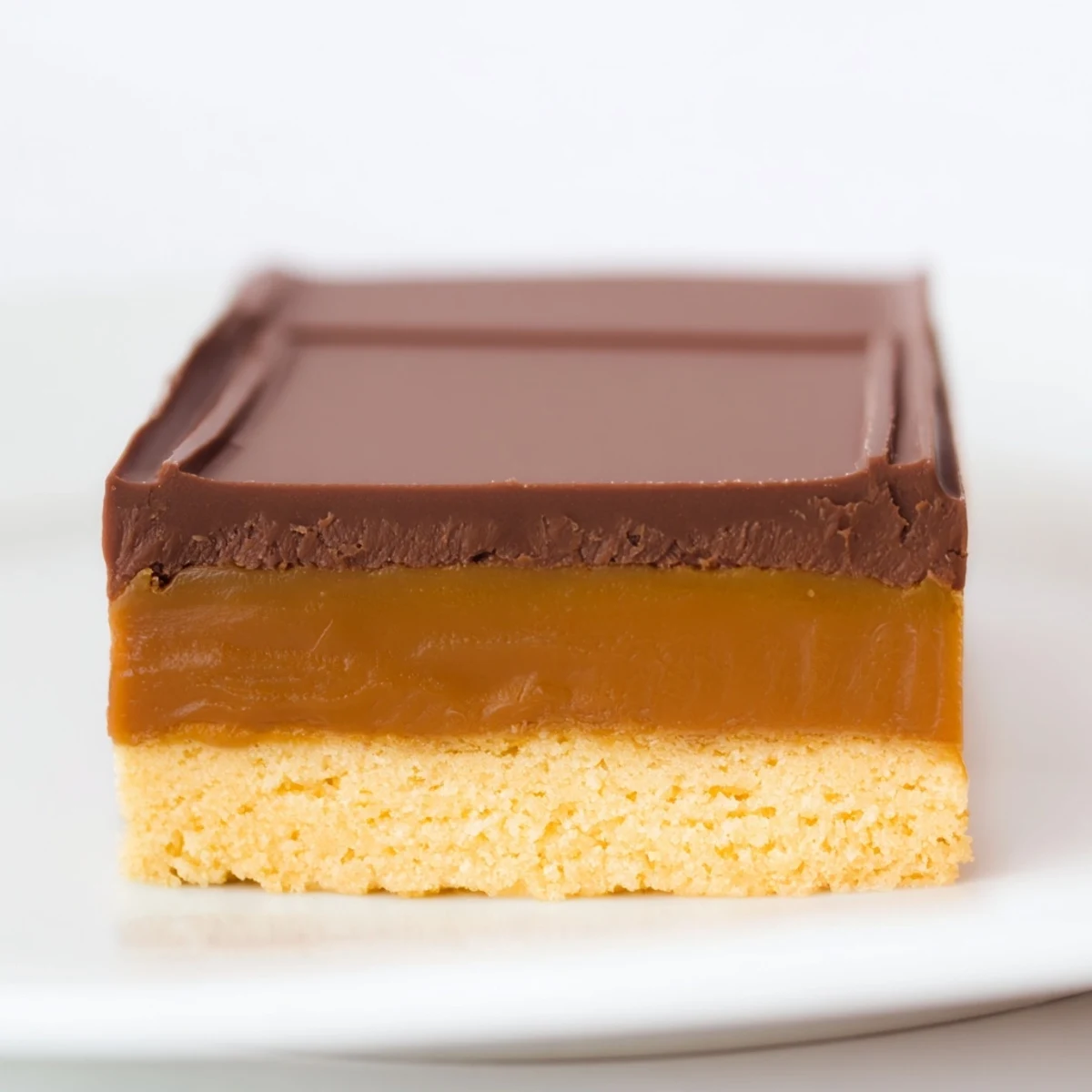 Golden Twix dessert bars with glossy chocolate topping drizzle on a white serving platter