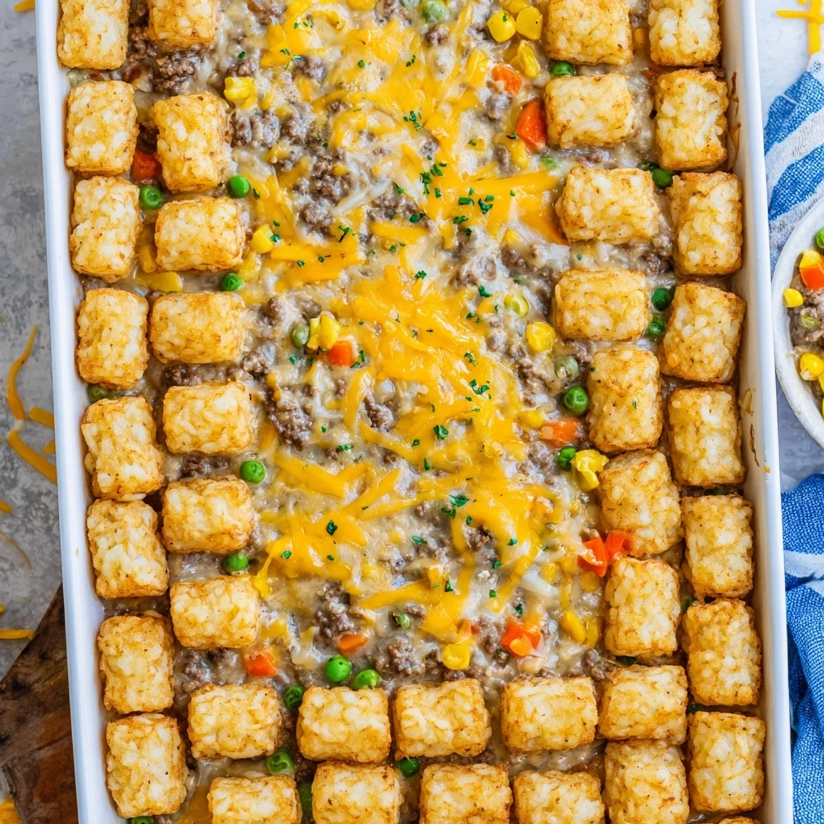 Golden crispy tater tots top this cheesy ground beef tater tot casserole bubbling with melted cheddar.