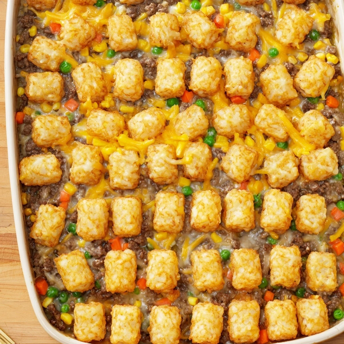 Baked cheesy ground beef tater tot casserole served in a square white dish with steam rising.