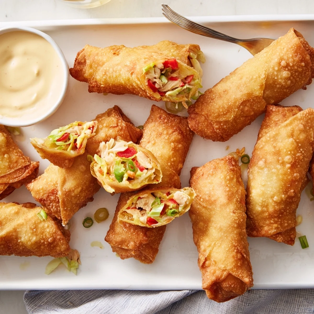 Crispy golden Voodoo egg rolls filled with Cajun seasoned chicken and colorful diced vegetables