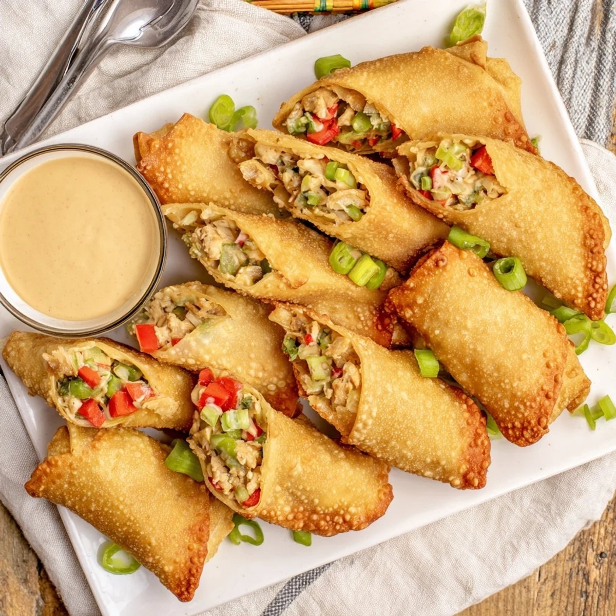 Voodoo egg rolls with spicy chicken filling served alongside zesty homemade dipping sauce