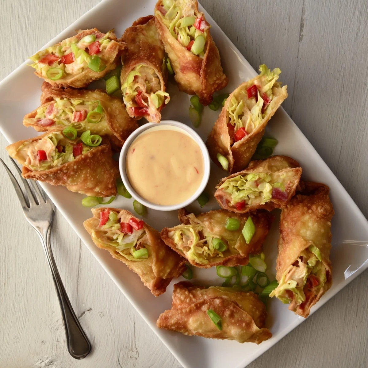 Golden brown Cajun chicken Voodoo egg rolls arranged on white plate with tangy sauce