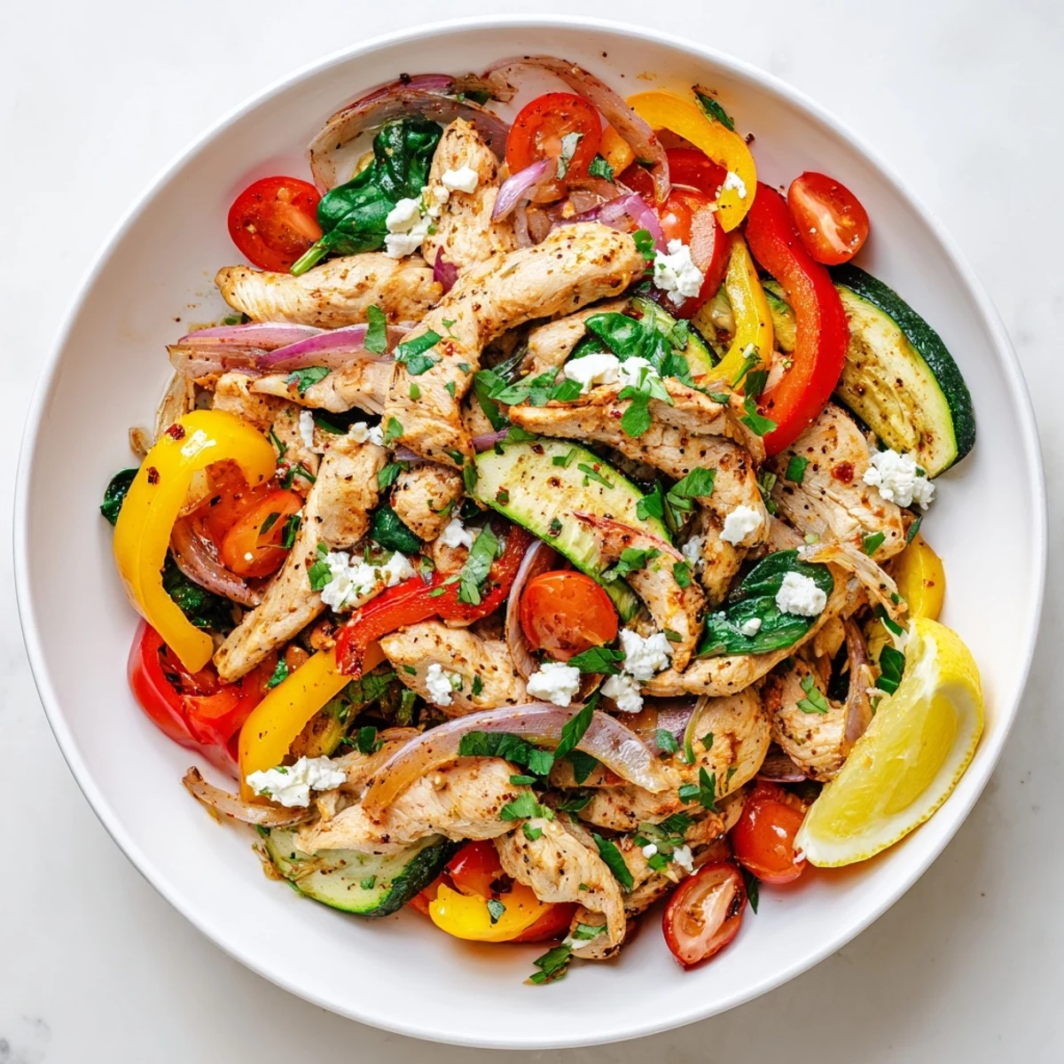 Colorful Easy Mediterranean Chicken Stir Fry with bell peppers zucchini spinach and crumbled feta