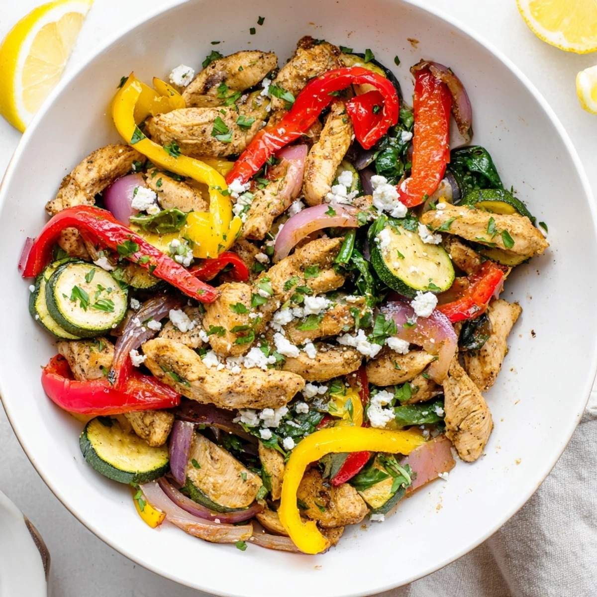 Golden Easy Mediterranean Chicken Stir Fry plated with cherry tomatoes olives and fresh parsley garnish