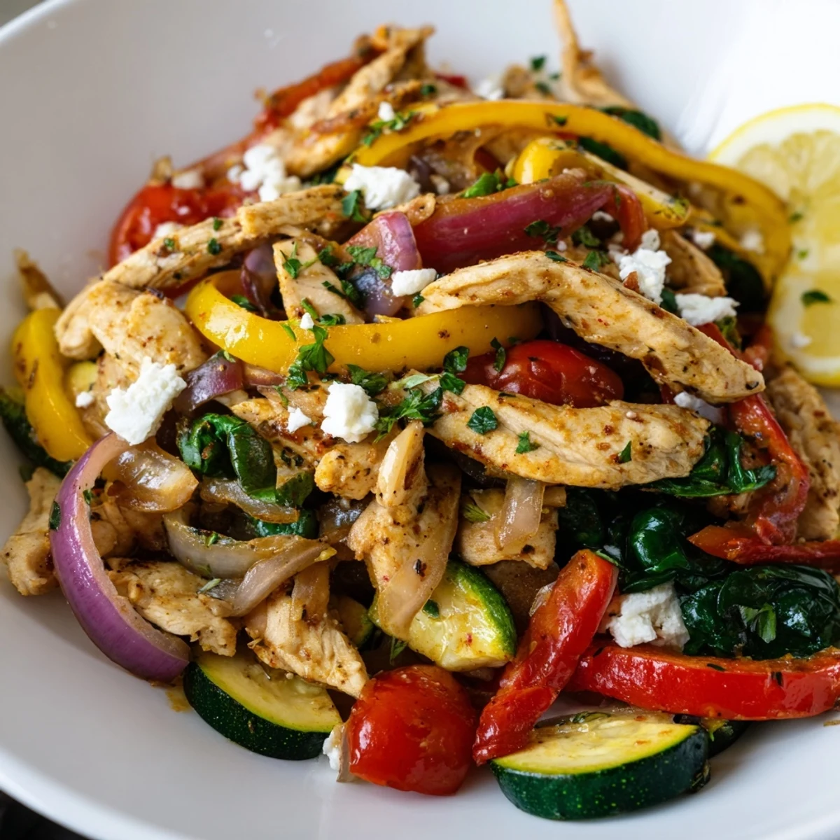 Sizzling Easy Mediterranean Chicken Stir Fry in a skillet with juicy chicken and vibrant vegetables
