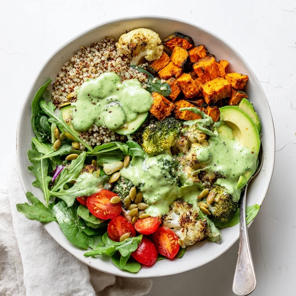 Healthy Green Goddess Veggie Bowl with roasted vegetables and quinoa drizzled with creamy herb dressing