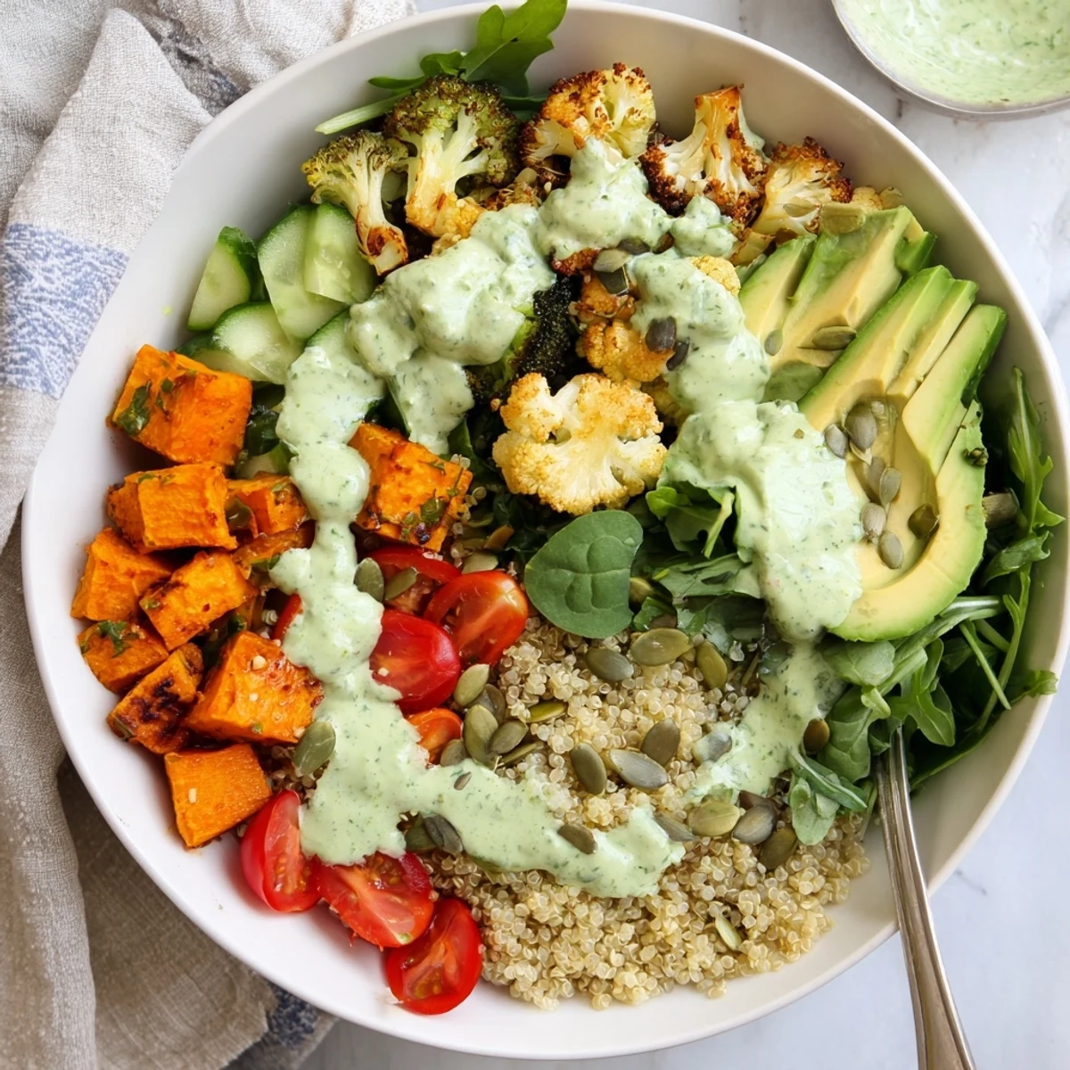 Colorful Green Goddess Veggie Bowl featuring fresh avocado, cucumber, and crunchy pumpkin seeds atop fluffy grains