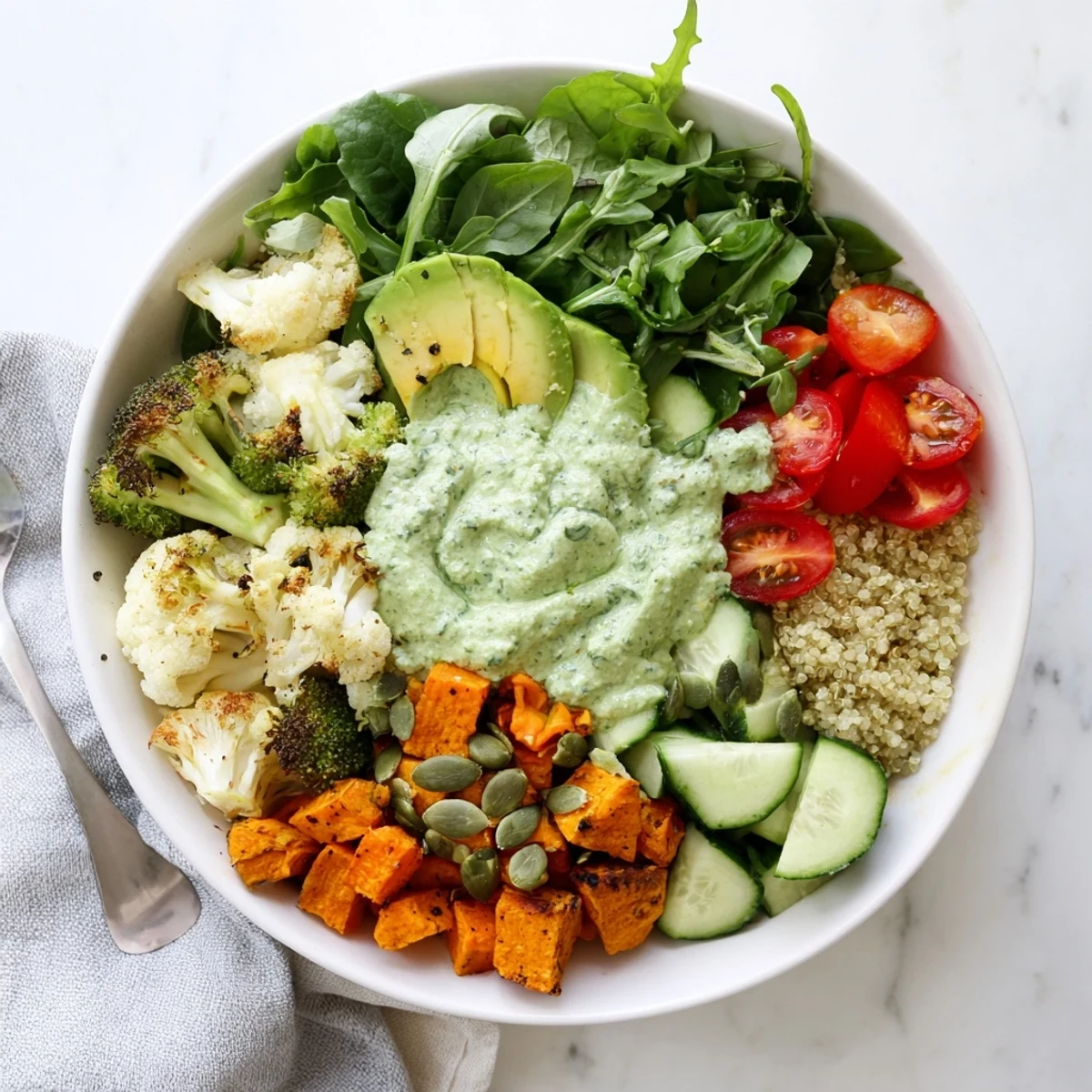 Green Goddess Veggie Bowl with tender sweet potato and broccoli florets coated in tangy yogurt dressing