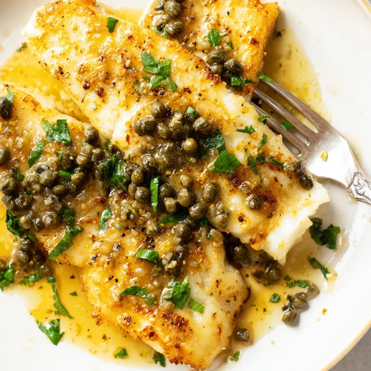 Golden pan-seared cod piccata rests in a bright lemon butter sauce with green parsley and capers