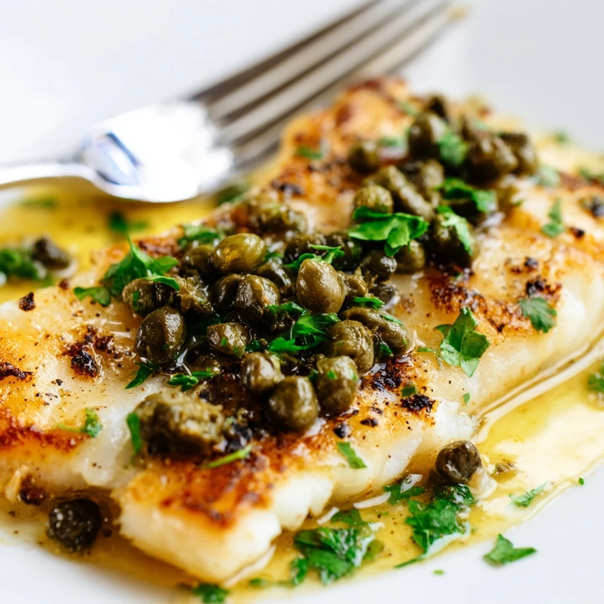 Crispy golden cod piccata drizzled with zesty lemon garlic sauce and sprinkled with chopped parsley