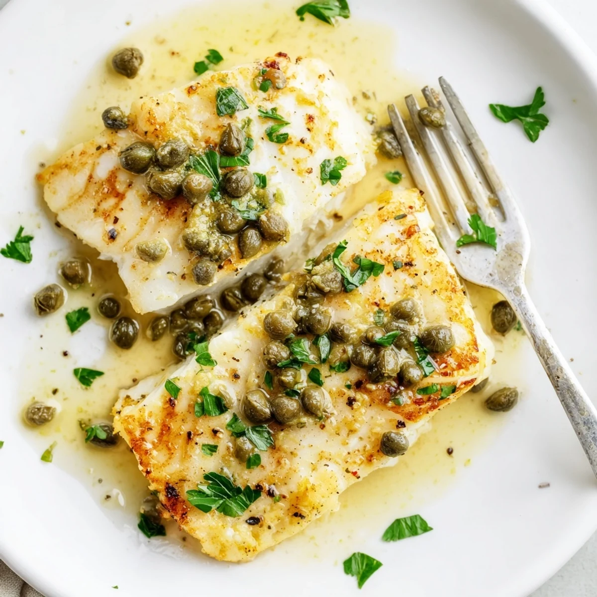 Tender white cod fillets topped with glossy lemon caper sauce and fresh herbs on a white plate