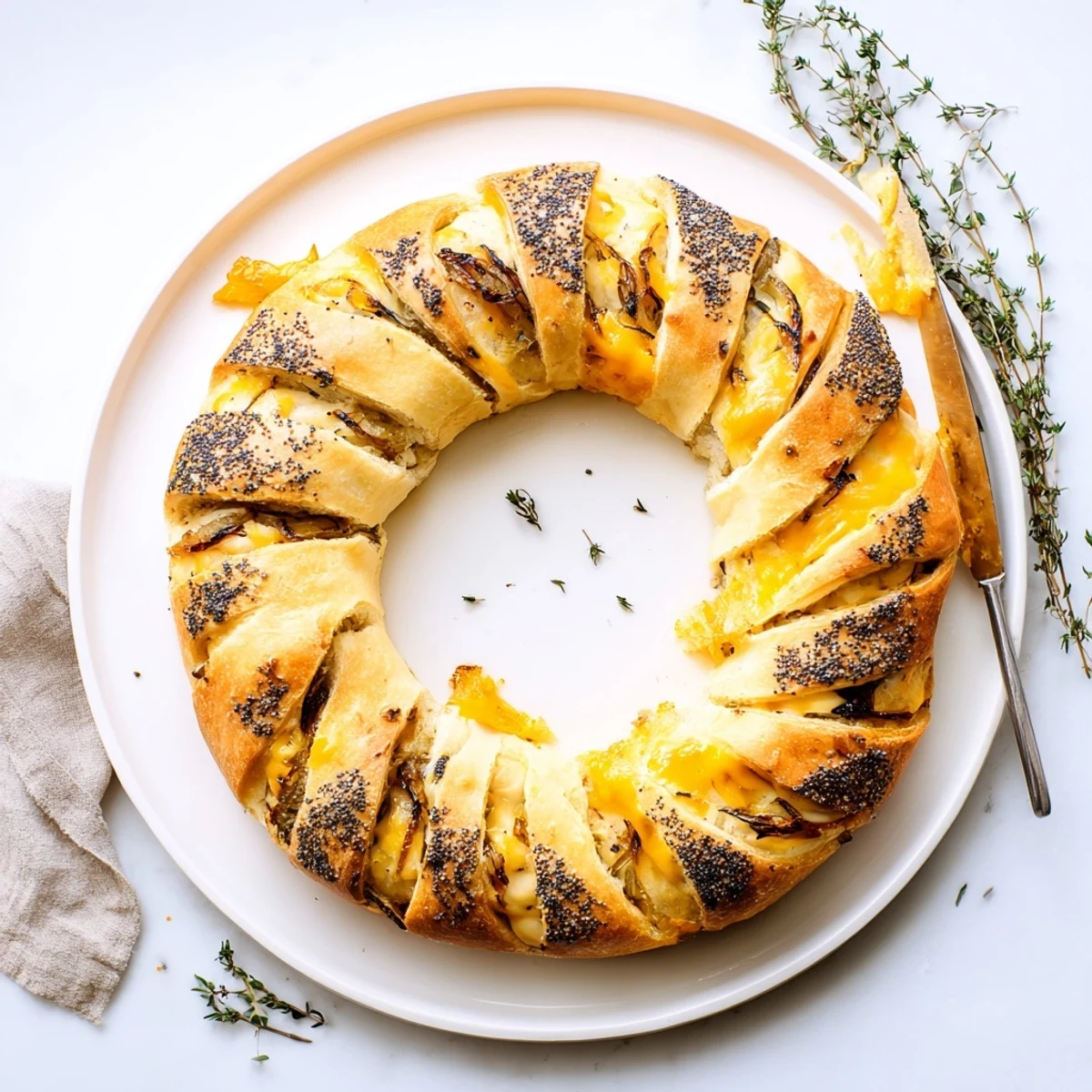 Golden brown caramelized onion Gruyere stuffed bread wreath with pull-apart slices on serving board