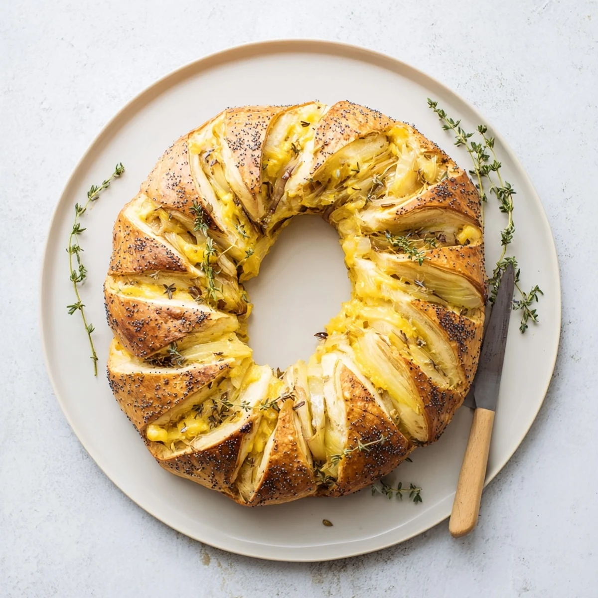 Round savory wreath showcasing melted cheese and sweet onion filling inside golden baked dough