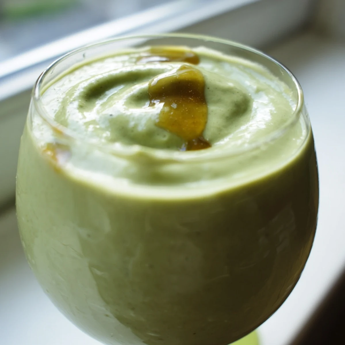 Thick green Greek yogurt avocado smoothie blended with ice and topped with banana slices