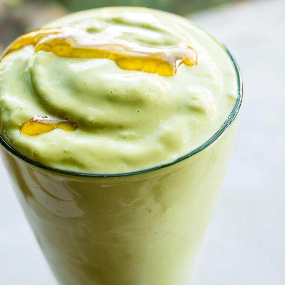 Creamy Greek yogurt avocado smoothie poured into a glass with fresh spinach leaves visible