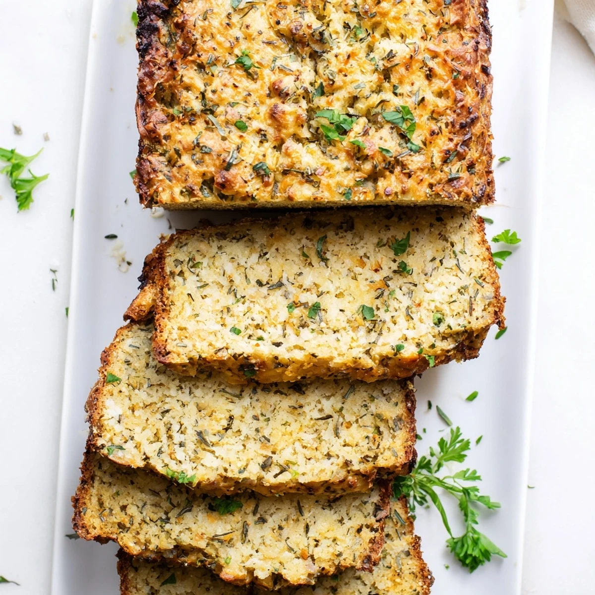 Savory low-carb Parmesan herb keto bread sliced thick on a wooden cutting board