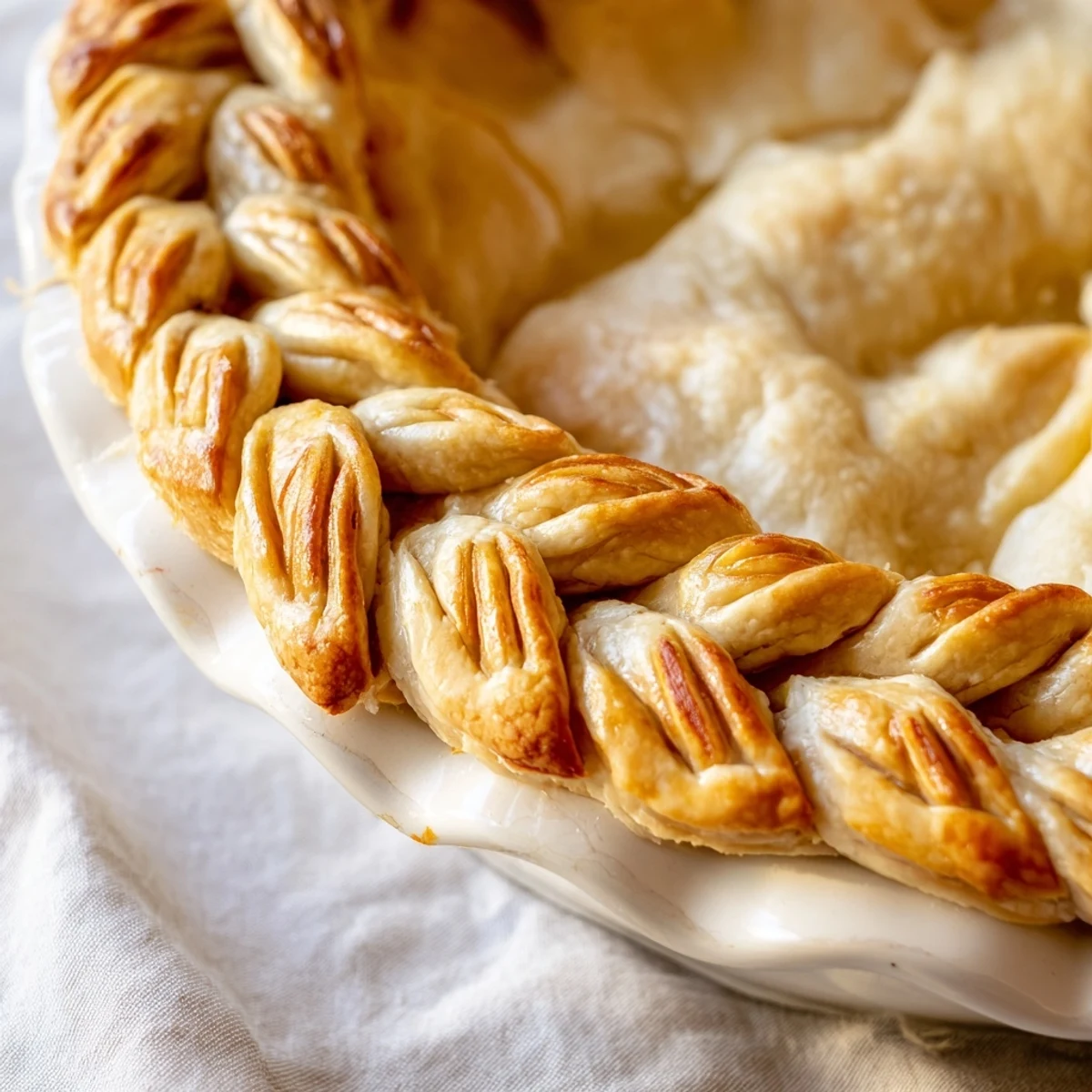 Golden fishtail braid pie crust with woven dough strips decorating the edge