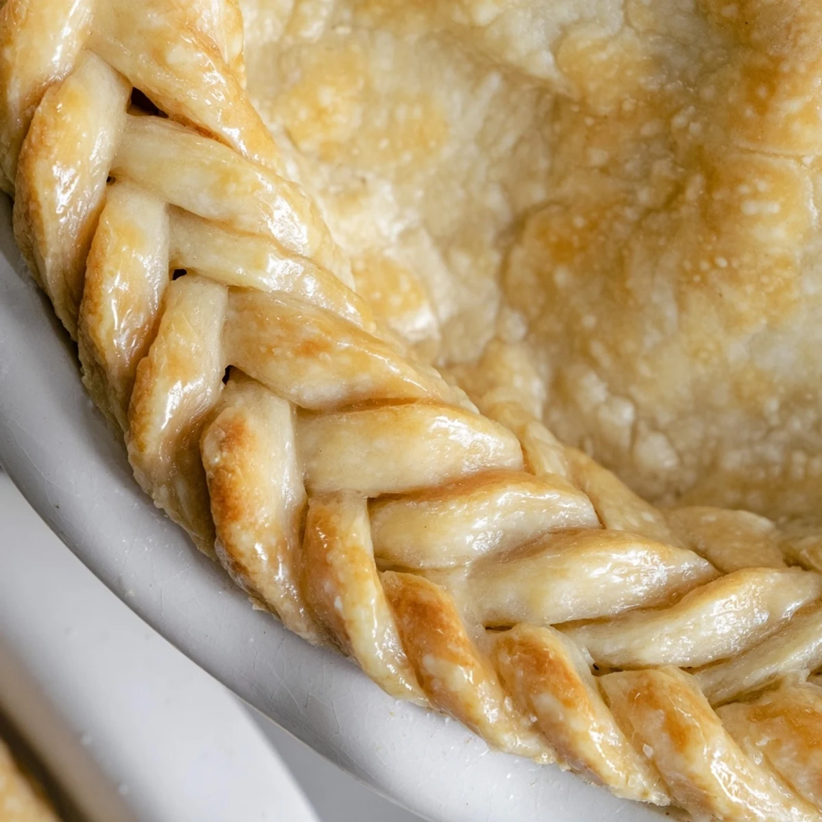 Handmade fishtail braid pie crust displaying intricate braided pattern on golden pastry