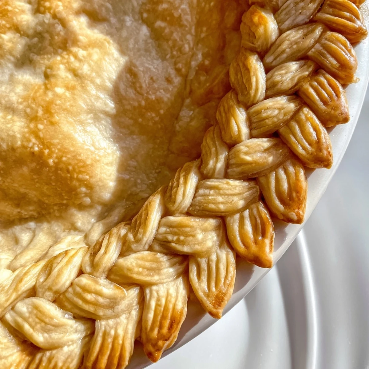 Egg washed fishtail braid pie crust featuring elegant woven strips around rim