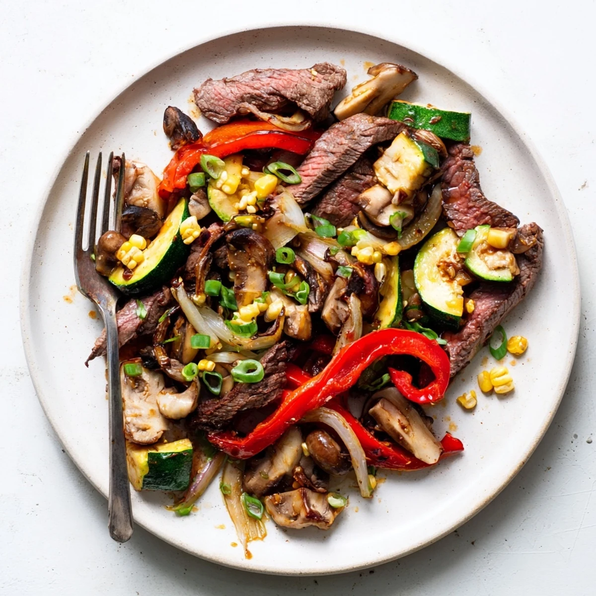 Golden seared beef and colorful vegetables sizzling on a Blackstone griddle for this smoky cowboy stir fry