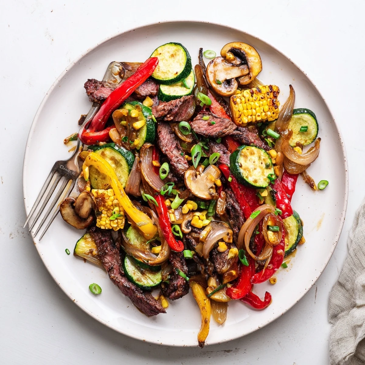 Hearty Blackstone cowboy stir fry loaded with tender steak peppers and caramelized corn kernels