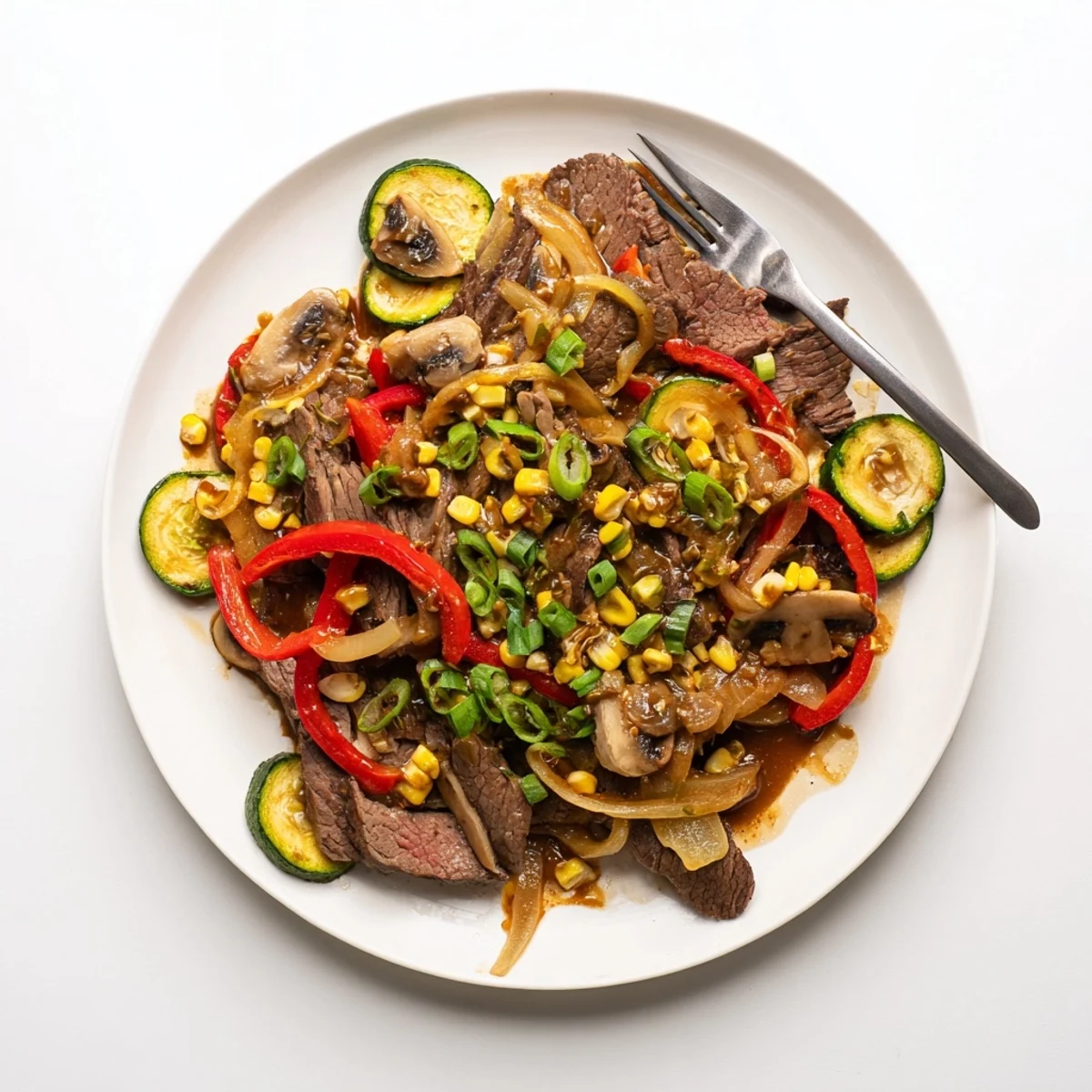 Rustic American style Blackstone cowboy stir fry topped with fresh green onions and herbs