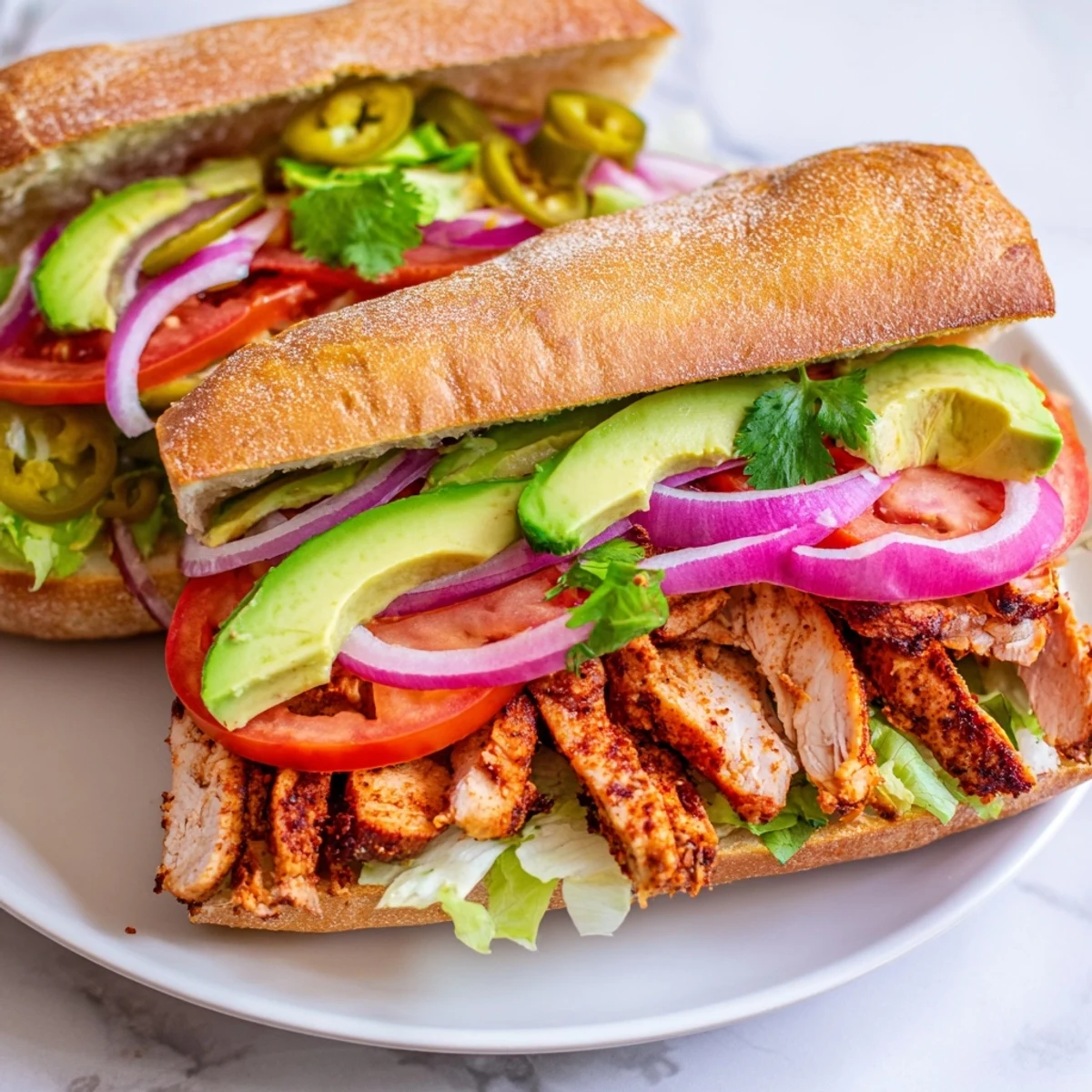 Golden chicken torta sandwich layered with avocado, jalapeños, and fresh vegetables on soft bolillo roll
