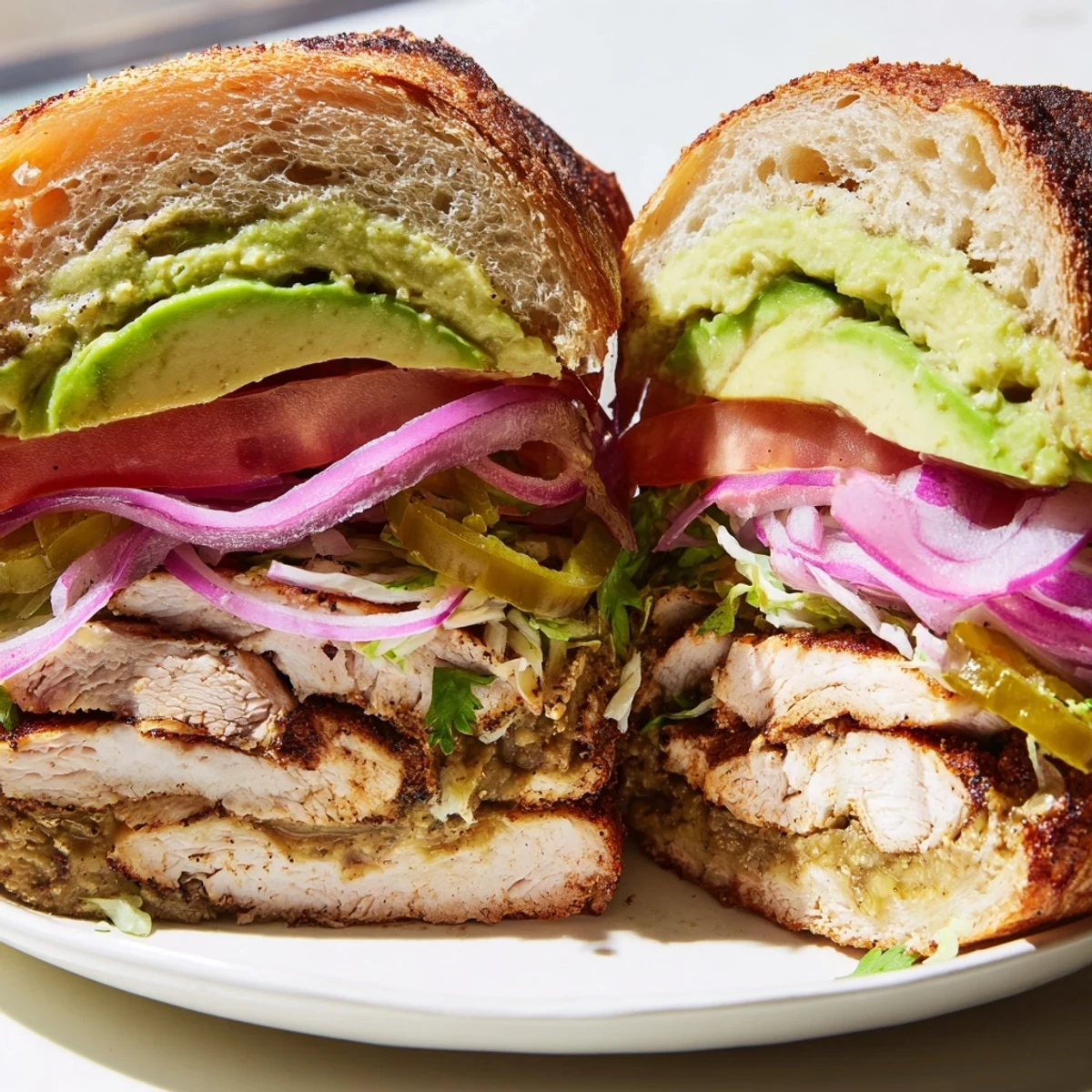 Hearty Mexican chicken torta piled high with marinated chicken, creamy avocado, and crisp lettuce