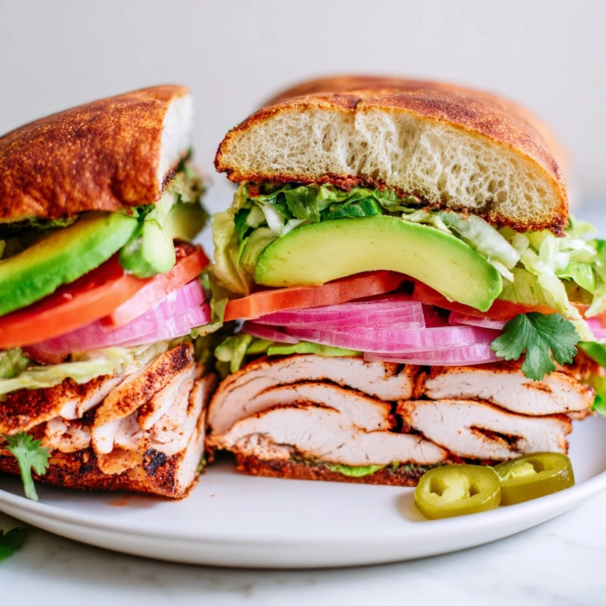 Sliced chicken torta sandwich featuring zesty toppings, ripe tomato, and red onion on toasted bread