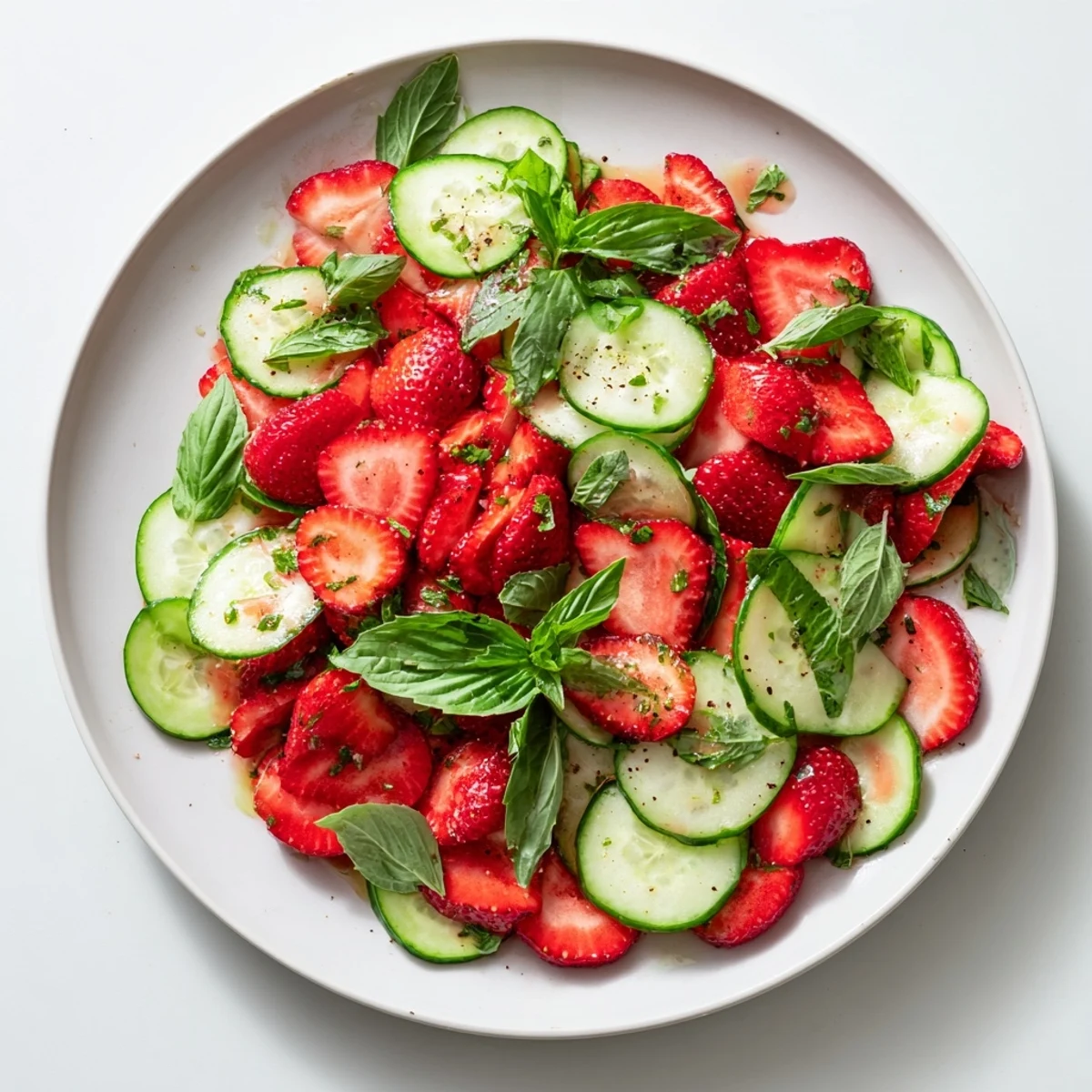 Fresh strawberry cucumber salad with sliced strawberries, crisp cucumber ribbons, and herb dressing drizzled over a white serving bowl