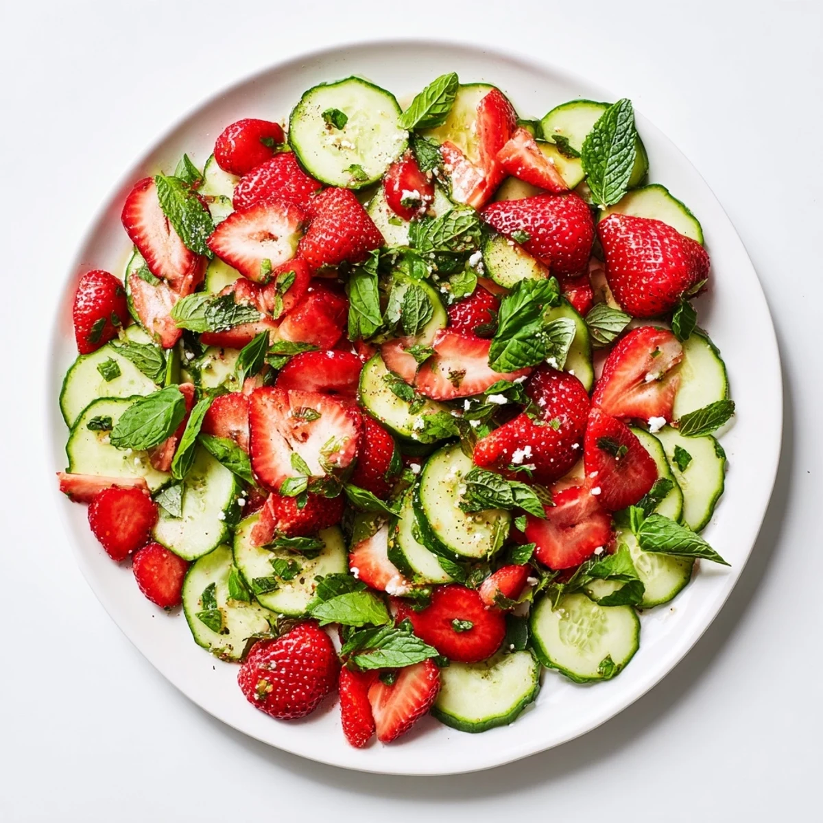 Colorful summer strawberry cucumber salad featuring juicy red strawberries, thin cucumber slices, and fresh mint basil garnish on rustic wooden board