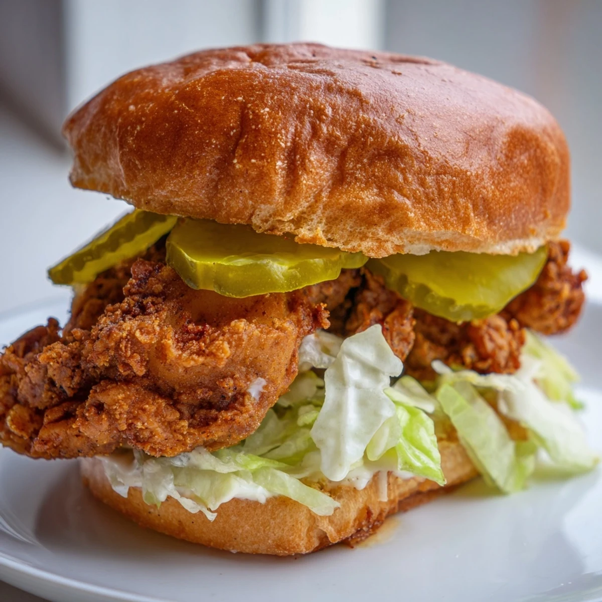 Golden brown pickle brined fried chicken sandwich on a toasted bun with crisp lettuce and pickle slices