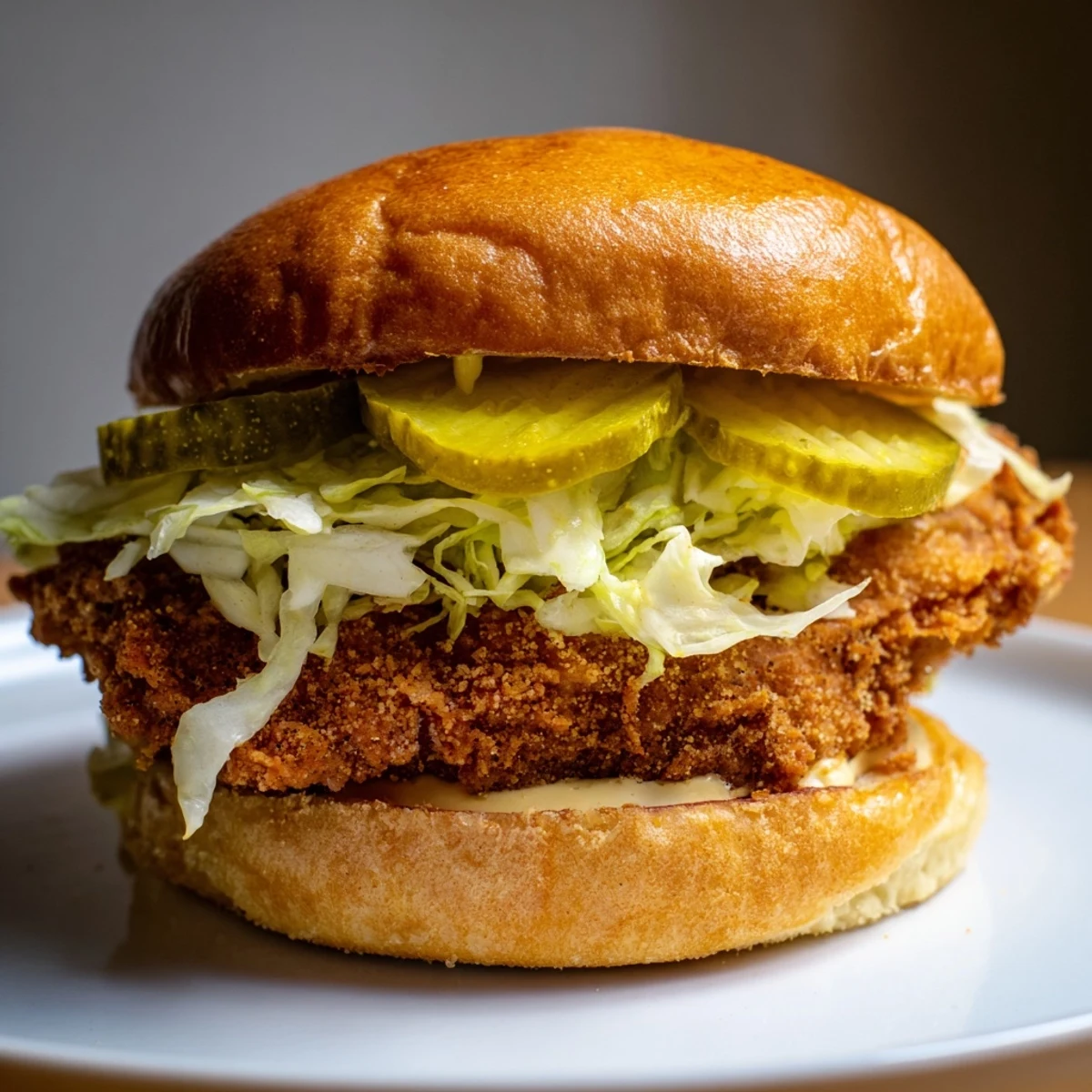 Crispy tangy pickle brined fried chicken sandwich served with shredded lettuce and extra pickles on a potato bun