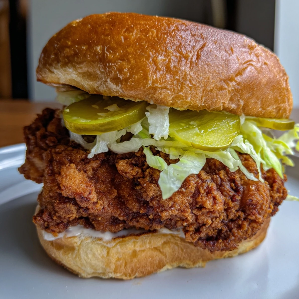Juicy fried chicken breast marinated in dill pickle brine stacked on a soft brioche bun with fresh toppings