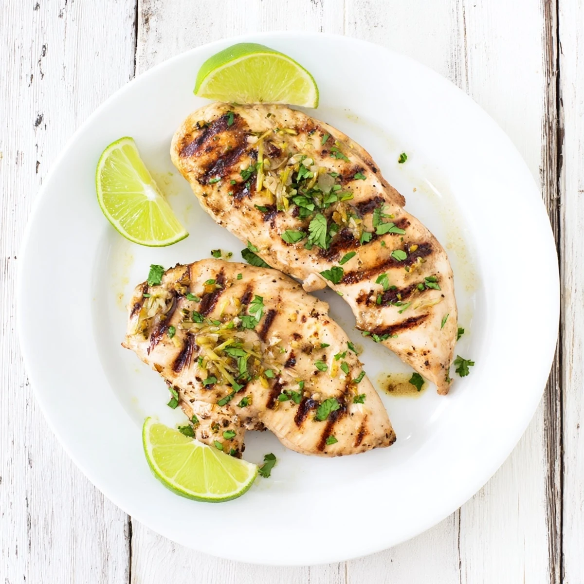 Golden Key West grilled chicken with citrus lime marinade and fresh cilantro garnish on a white plate