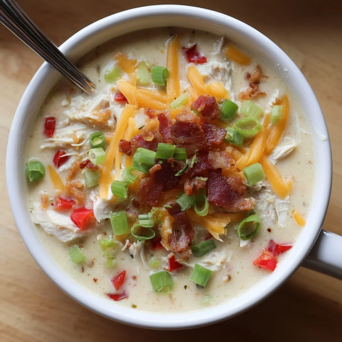 Creamy Spicy Jalapeno Popper Chicken Soup topped with crispy bacon crumbles and melted cheddar