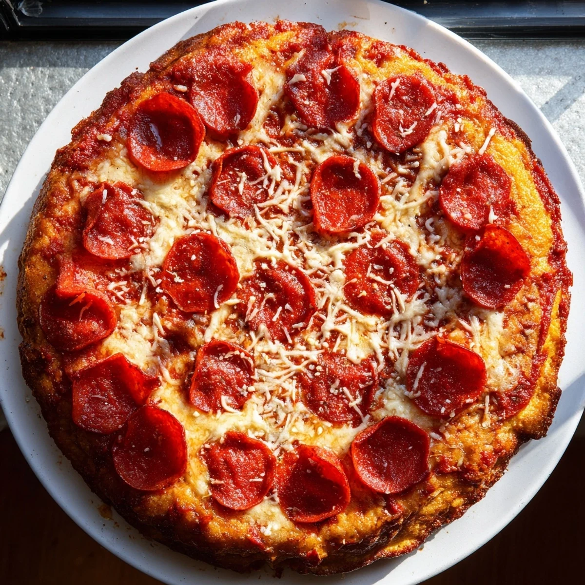 Sliced pan pizza recipe showcasing pepperoni toppings on buttery deep dish crust