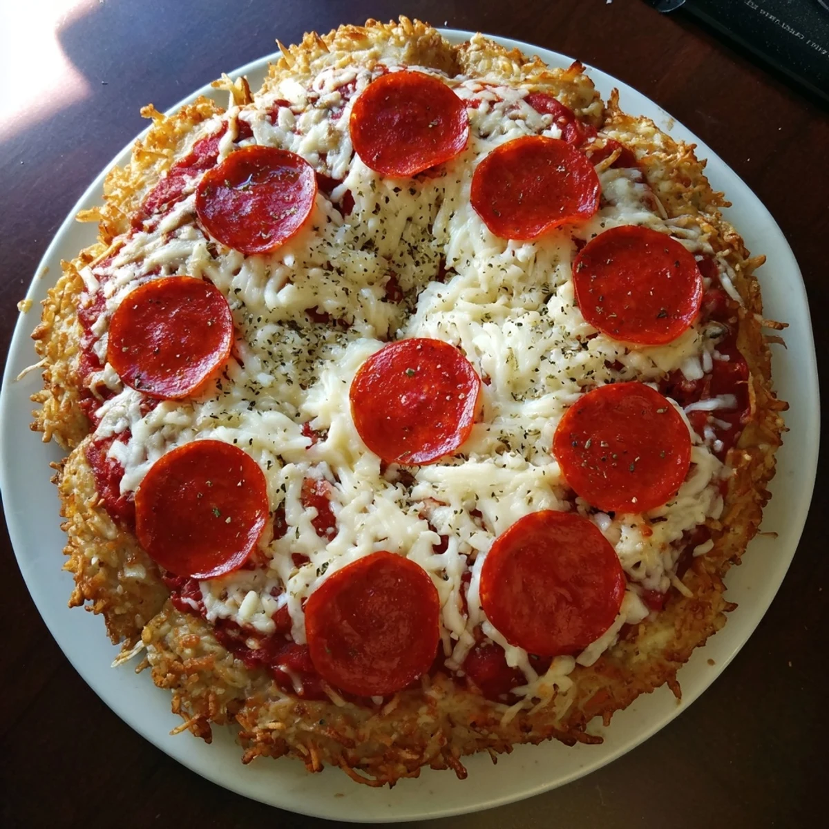 Homemade pan pizza fresh from oven with golden edges and stretchy cheese layer
