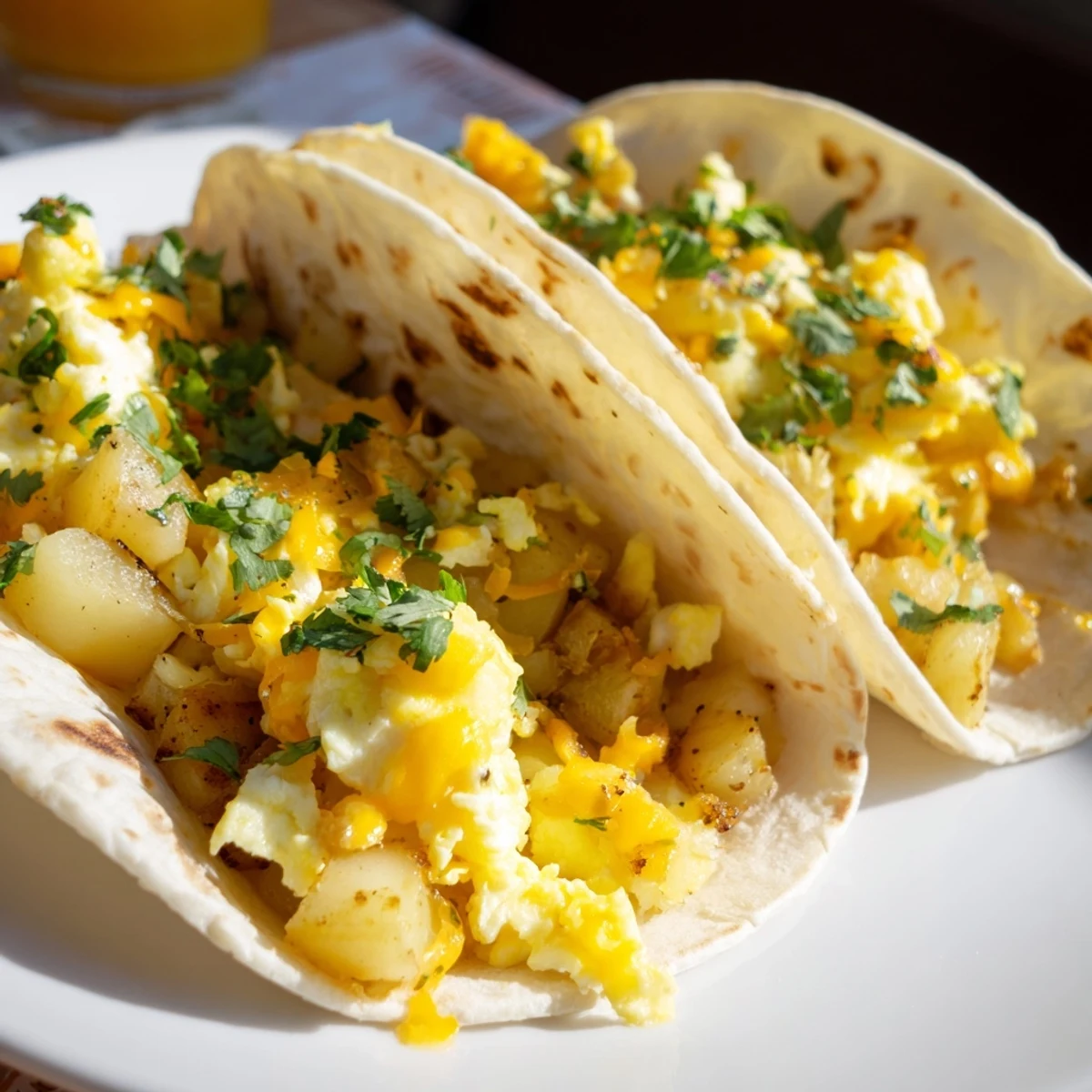 Golden potato egg cheese breakfast tacos filled with fluffy scrambled eggs and melted cheddar