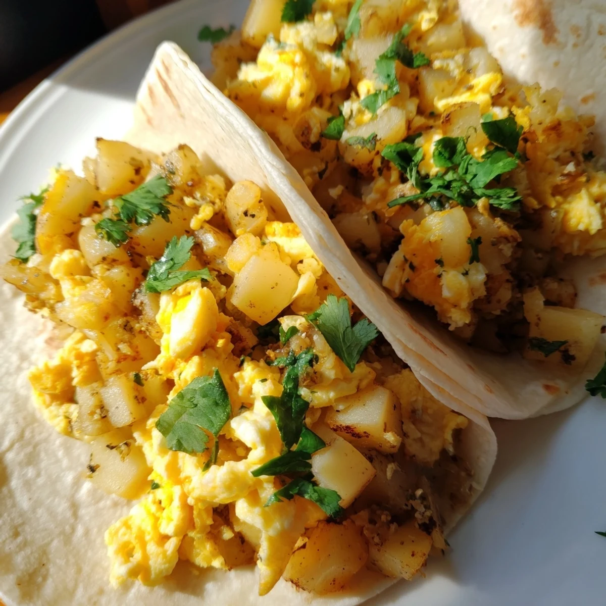 Hearty potato egg cheese breakfast tacos featuring golden potatoes and cheesy scrambled egg filling