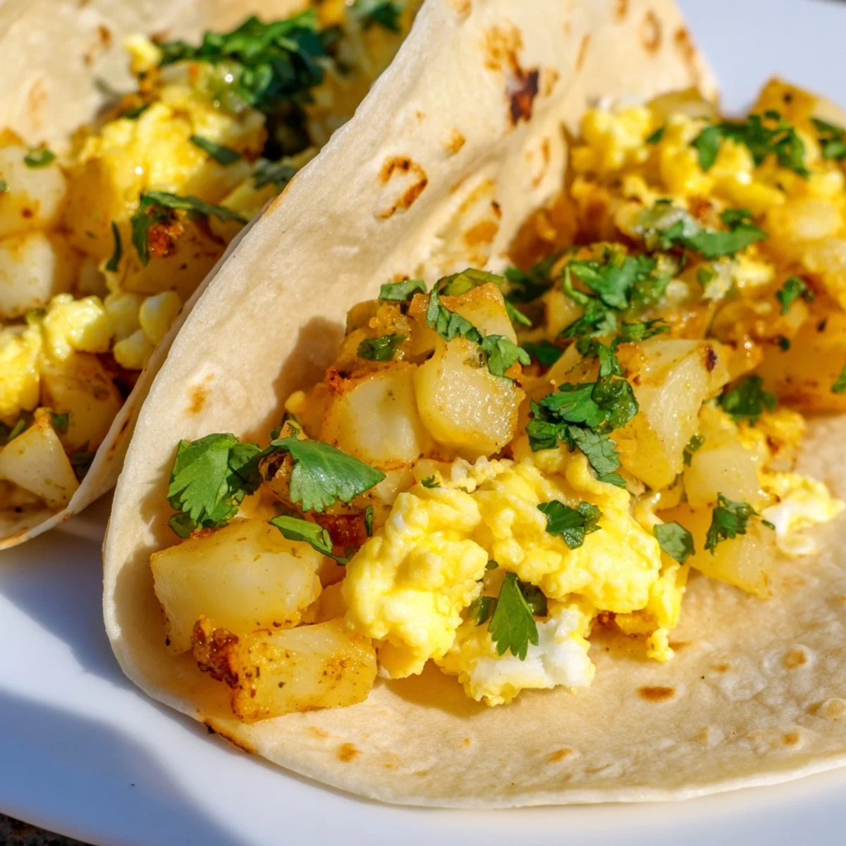 Warm flour tortillas stuffed with crispy potato egg cheese breakfast tacos topped with fresh cilantro