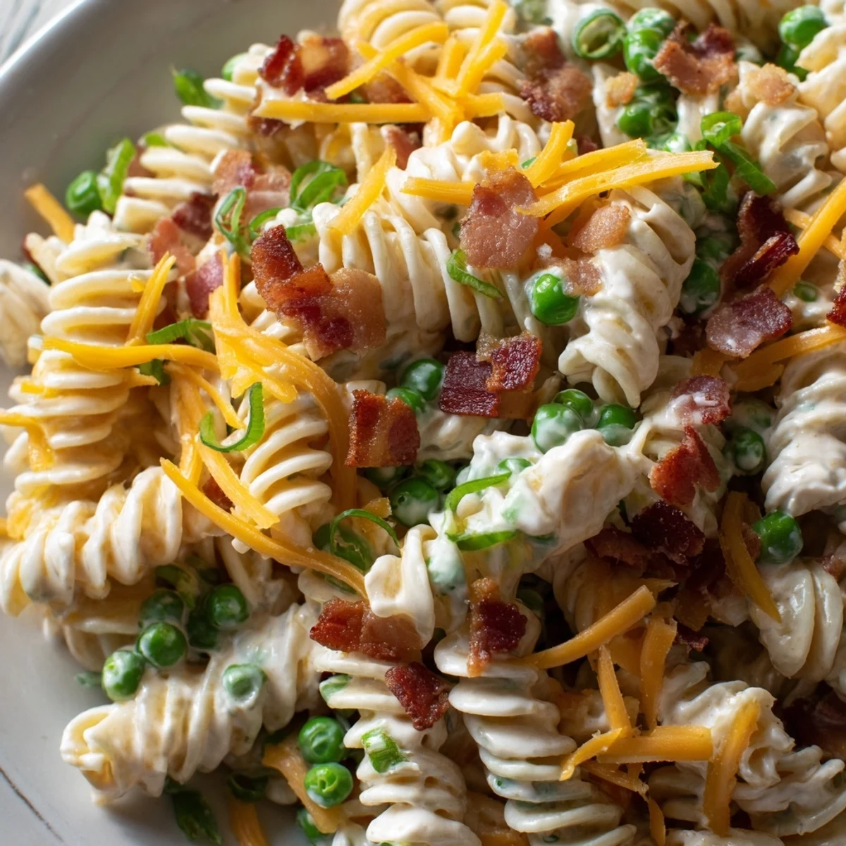 Cold pasta salad with crumbled bacon, shredded cheese, and ranch dressing ready for picnics